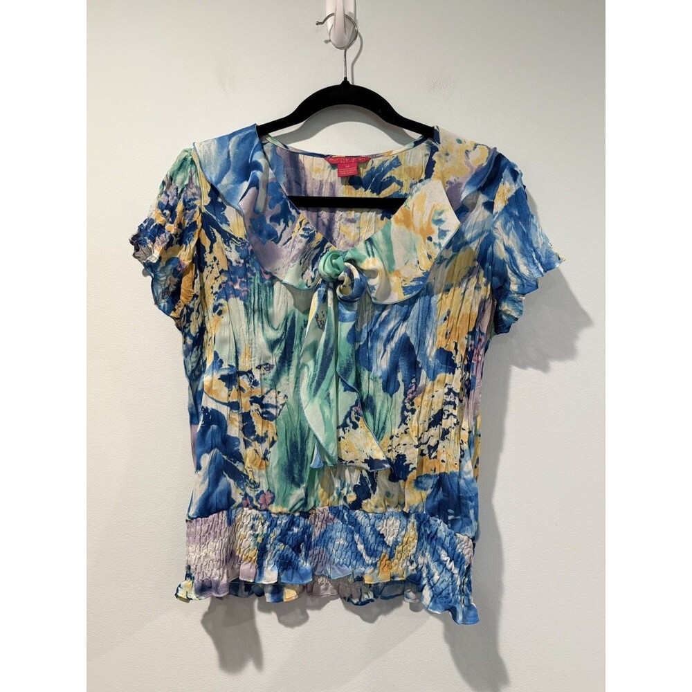 Sunny Leigh Ruffle Watercolor Top Women Small Petite** Art to Wear Preppy Travel